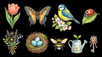 Watercolor spring nature collection with isolated botanical and wildlife elements including tulip, swallowtail butterfly, blue tit bird, ladybug, lavender bouquet, bird nest with eggs, bumblebee, watering can, and decorative key on transparent background. Ready for clipart, t-shirt design, stickers, and print-on-demand projects.