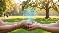 Digital tree hologram floating above cupped hands in sunny park setting symbolizing environmental technology, sustainability and eco-innovation concepts.