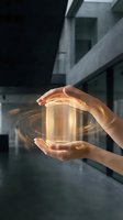 Female hands holding glowing glass cylinder with golden light energy swirling around it against modern architecture background. Concept for innovation, technology, sustainability.