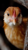 Close-up portrait of ginger chicken with bright eyes and red comb against dark background, showing detailed feathers and beak in dramatic lighting.
