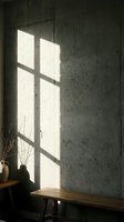 Sunlight streaming through window casting geometric shadows on raw concrete wall with wooden table and dried plant decor.