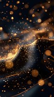 Magical golden sparkles and bokeh lights floating on dark background with glowing particles and luminous waves creating dreamy atmospheric effect.