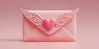 Pink envelope with winged heart decoration on monochromatic background, symbolizing love message or romantic correspondence.