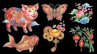 Decorative Asian-inspired ornaments featuring pig, butterfly, flowers, fish, lanterns, and botanical elements with intricate patterns. Isolated on transparent background, ready for t-shirts, stickers, clipart, sublimation, and print-on-demand designs.
