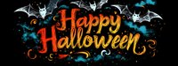 Orange and red glowing Happy Halloween text with decorative swirls and white flying bats against dark background with mystical blue smoke effect.