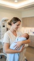 Smiling Caucasian female nurse in beige scrubs gently holding newborn baby in blue blanket at modern hospital maternity ward with soft lighting and medical equipment.