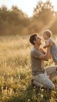 Happy father holding smiling toddler son in golden sunset field creating joyful family bonding moment outdoors in warm natural light.