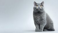 Gray British shorthair cat with bright yellow eyes sitting upright against light background, looking up with curious expression. Professional studio pet portrait.