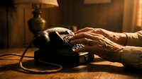 Elderly hands dialing vintage rotary telephone in warm lamplight creating nostalgic communication scene for retro design projects.