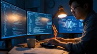 Software developer working at night with multiple monitors displaying code and data analytics in dark blue office environment.