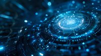 Glowing blue circular technology pattern with digital elements and light effects on dark background, representing futuristic data visualization and connectivity.