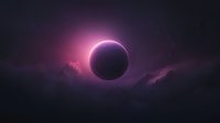Dramatic solar eclipse with glowing pink corona against dark purple sky and ethereal clouds, creating mysterious celestial atmosphere for astronomy and space designs.