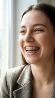Young Caucasian businesswoman with metal braces smiling confidently in office setting, showcasing orthodontic treatment and professional dental care.