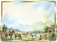 Watercolor farm scene with horses grazing near wooden fence and barn, countryside landscape with golden frame border, rural setting for equestrian designs.