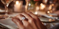 Close-up of woman's hand with diamond engagement ring at elegant dinner table with soft candlelight and wine glasses in background.