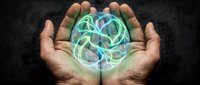 Hands holding glowing digital brain with neural network connections, representing artificial intelligence, innovation, technology, and future computing solutions.
