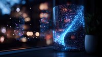 Glowing glass jar with magical blue sparkles and light trails creating ethereal atmosphere against blurred city lights background. For fantasy and decoration designs.