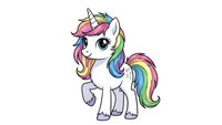 Cute white unicorn with rainbow mane and tail standing on transparent background, magical fantasy character for children's designs and decorations.
