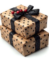 Elegant gift boxes with polka dot kraft paper, black ribbon and red berries isolated on white background for holiday celebrations and special occasions.