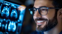 Smiling male doctor with glasses and beard examining x-ray scans in dark room with blue monitor glow, representing healthcare and medical diagnostics.