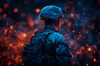 Military soldier in combat gear silhouetted against dramatic orange sparks and blue night lighting, creating atmospheric battlefield scene with cinematic effect.