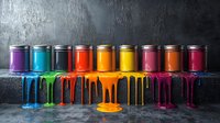 Colorful paint cans arranged in row with vibrant dripping paint creating artistic pattern against dark textured background, showcasing spectrum of bright colors for creative design projects.