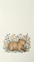Watercolor capybara surrounded by botanical wildflowers and foliage on neutral beige background for nursery decor and nature-themed designs.