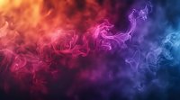 Colorful smoke swirls in vibrant gradient from warm orange to cool blue, creating ethereal abstract patterns against dark background. For creative atmospheric designs.