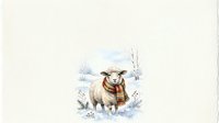Cute sheep wearing red scarf standing in snowy winter landscape with frost-covered trees and snowflakes for seasonal holiday greeting cards and festive designs.