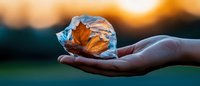 Hand holding autumn maple leaf wrapped in transparent plastic against blurred sunset background, environmental concept highlighting plastic pollution impact on nature.