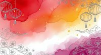 Watercolor gradient background with red, orange, yellow, and pink hues featuring decorative lanterns and floral line art elements, suitable for festive designs and celebrations.