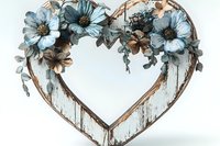 Rustic wooden heart frame decorated with blue and brown flowers on distressed white background, romantic farmhouse style decor for weddings and home.
