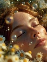 Young woman with freckled face surrounded by daisies and magical bokeh lights, eyes closed in peaceful expression, natural sunlit beauty portrait with dreamy atmosphere.
