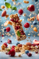 Flying granola bar with fresh raspberries, blueberries, nuts and oat flakes on blue background. Dynamic food levitation composition for healthy snack advertising.
