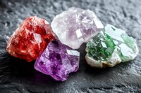 Raw colorful mineral crystals on dark stone background, including red garnet, rose quartz, amethyst and emerald specimens showing natural crystalline structure.