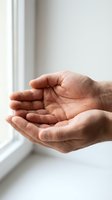 Cupped male hands held open near a window, symbolizing giving, receiving, hope, or care in charity and wellness concepts.
