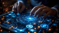 Hands interacting with futuristic digital interface displaying glowing blue circles and technology symbols on dark background with light particles and bokeh effects.