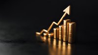 Golden bar chart showing upward trend with rising arrow on dark background, representing financial growth and business success in dramatic lighting.