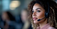 Young African American female customer service representative with curly hair and headset smiling confidently in modern office environment with blurred background.