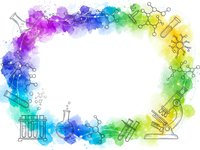 Colorful watercolor science frame with laboratory equipment, test tubes, microscope and molecular structures on white background for educational design.
