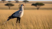 Secretary bird standing in golden grassland savanna with acacia trees in background during warm sunset light creating natural wildlife photography composition.