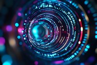 Futuristic camera lens with glowing blue and pink circular digital interface elements creating dynamic tunnel effect against dark background.