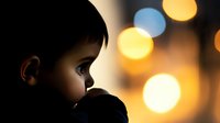 Young child silhouette against blurred bokeh lights background creating dreamy atmosphere with warm golden glow, side view profile in dark moody setting.