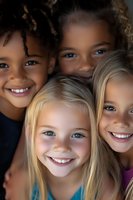 Diverse group of cheerful young girls with bright smiles and expressive eyes showing friendship, unity and joy in close-up portrait composition.