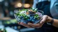 Fresh blueberry salad with mixed greens, salmon, and black sesame seeds served in glass bowl against blurred restaurant background, held by server's hands.