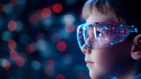 Young boy wearing futuristic smart glasses with digital display overlay, glowing blue and red technology interface against dark background with bokeh lights.