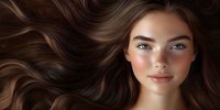 Young woman with flowing brown hair, bright blue eyes and natural makeup against neutral background, panoramic beauty portrait for cosmetic and haircare advertising.
