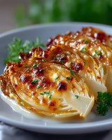 Roasted cabbage wedges glazed with butter and seasonings, garnished with fresh herbs on white plate. Close up view shows caramelized, golden-brown surface.