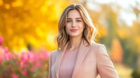 Young blonde businesswoman in pink blazer smiling outdoors against blurred autumn background with golden bokeh and fall foliage. Professional female portrait.