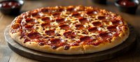 Fresh pepperoni pizza with melted mozzarella cheese and tomato sauce on wooden serving board, crispy golden crust photographed in warm lighting.